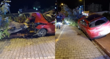 Alanya’da kaldırıma çıkan araç ağaca çarptı