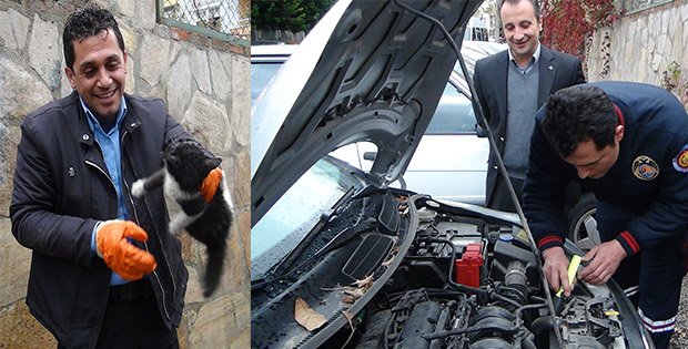 MOTOR KAPUTUNA SIKIŞAN KEDİYİ İTFAİYE KURTARDI